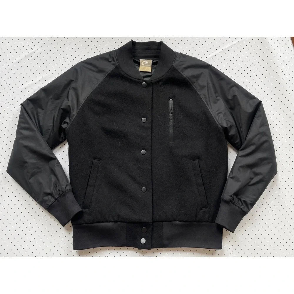 Nike Sportswear Mens Wool Blend Varsity Bomber Jacket Black Snap Front Medium